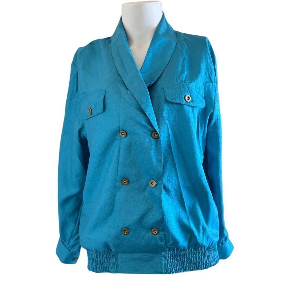 D.K Gold L women’s 80s vintage silky satin teal electric blue blouse shiny pullo